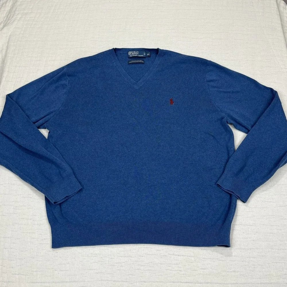 Polo Ralph‎ Lauren Mens Size XL Blue Pima Cotton V-Neck Long Sleeve Sweater